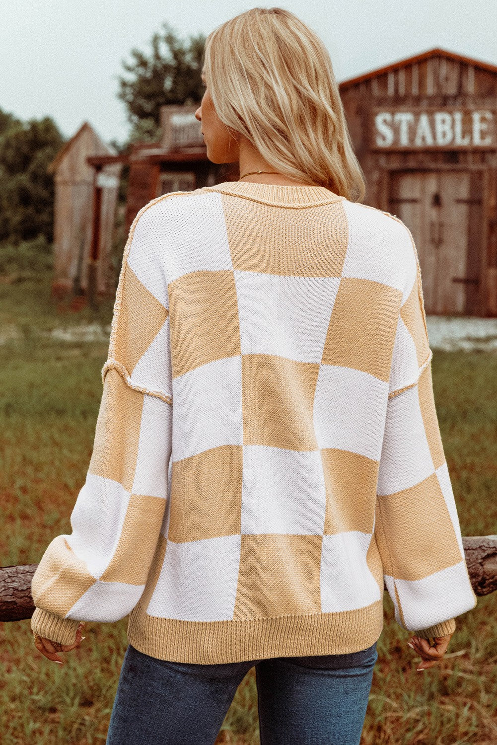 Checkered Bishop Sleeve Sweater