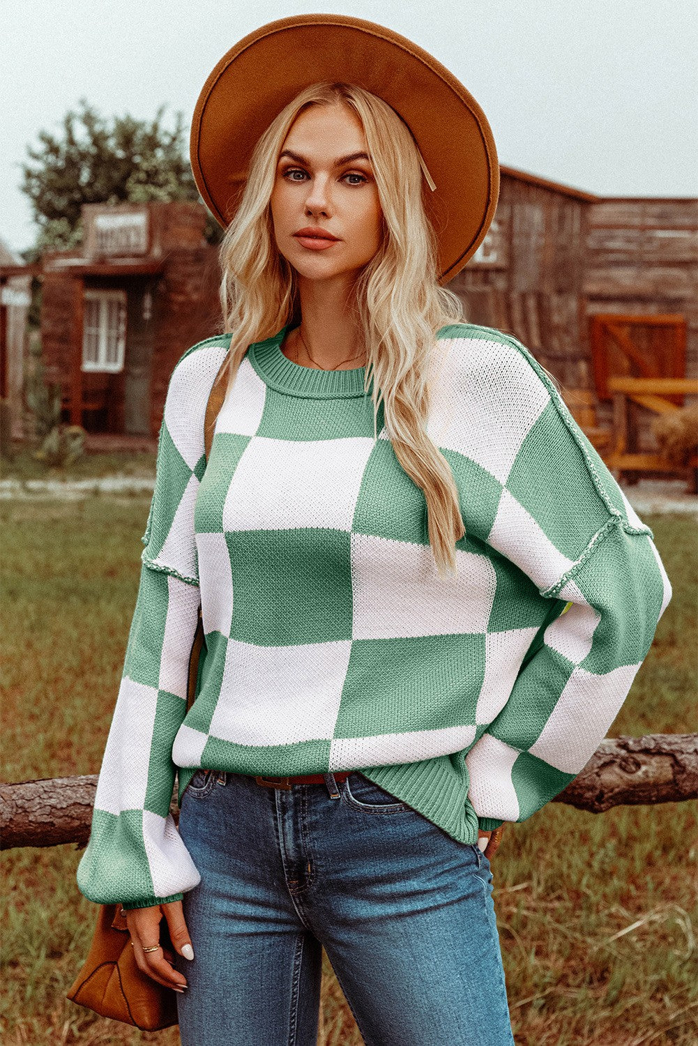 Checkered Bishop Sleeve Sweater