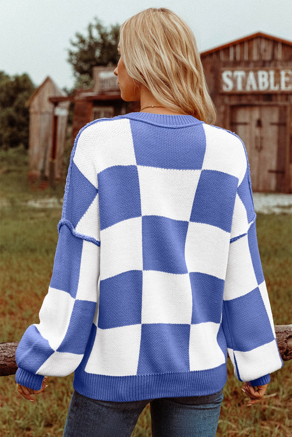 Checkered Bishop Sleeve Sweater