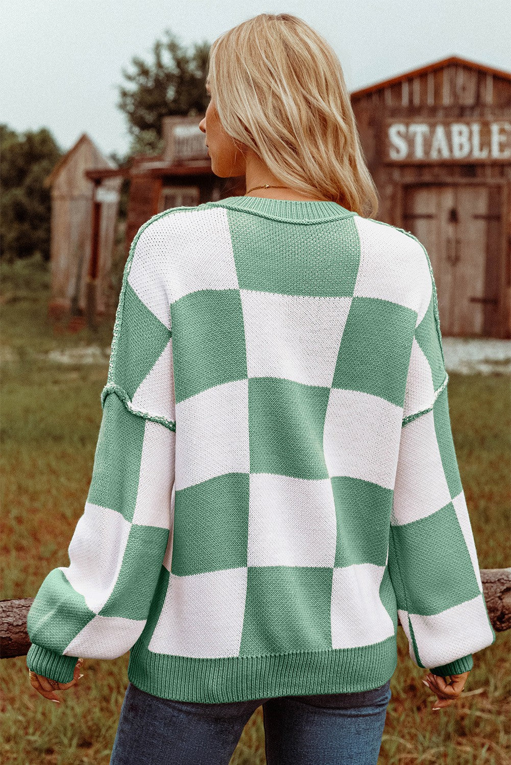 Checkered Bishop Sleeve Sweater