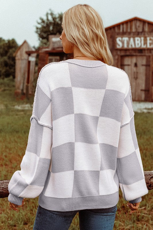 Checkered Bishop Sleeve Sweater