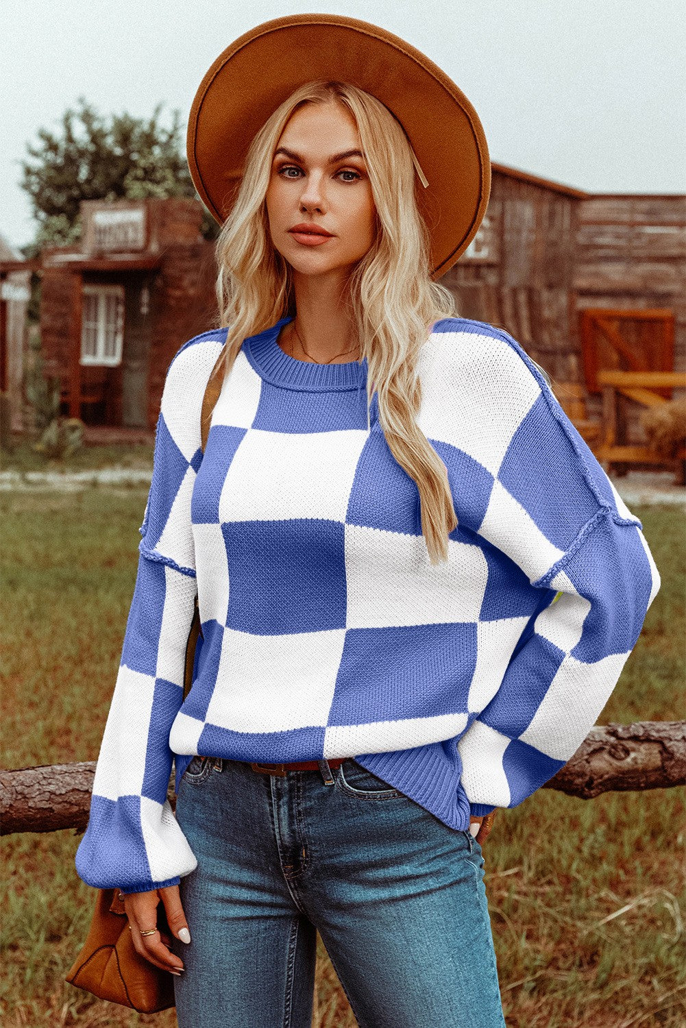 Checkered Bishop Sleeve Sweater