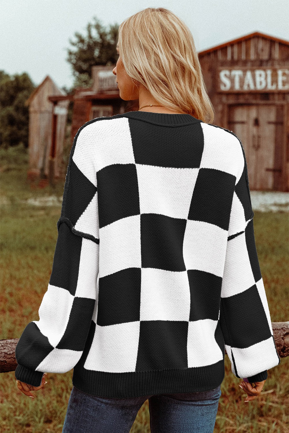 Checkered Bishop Sleeve Sweater