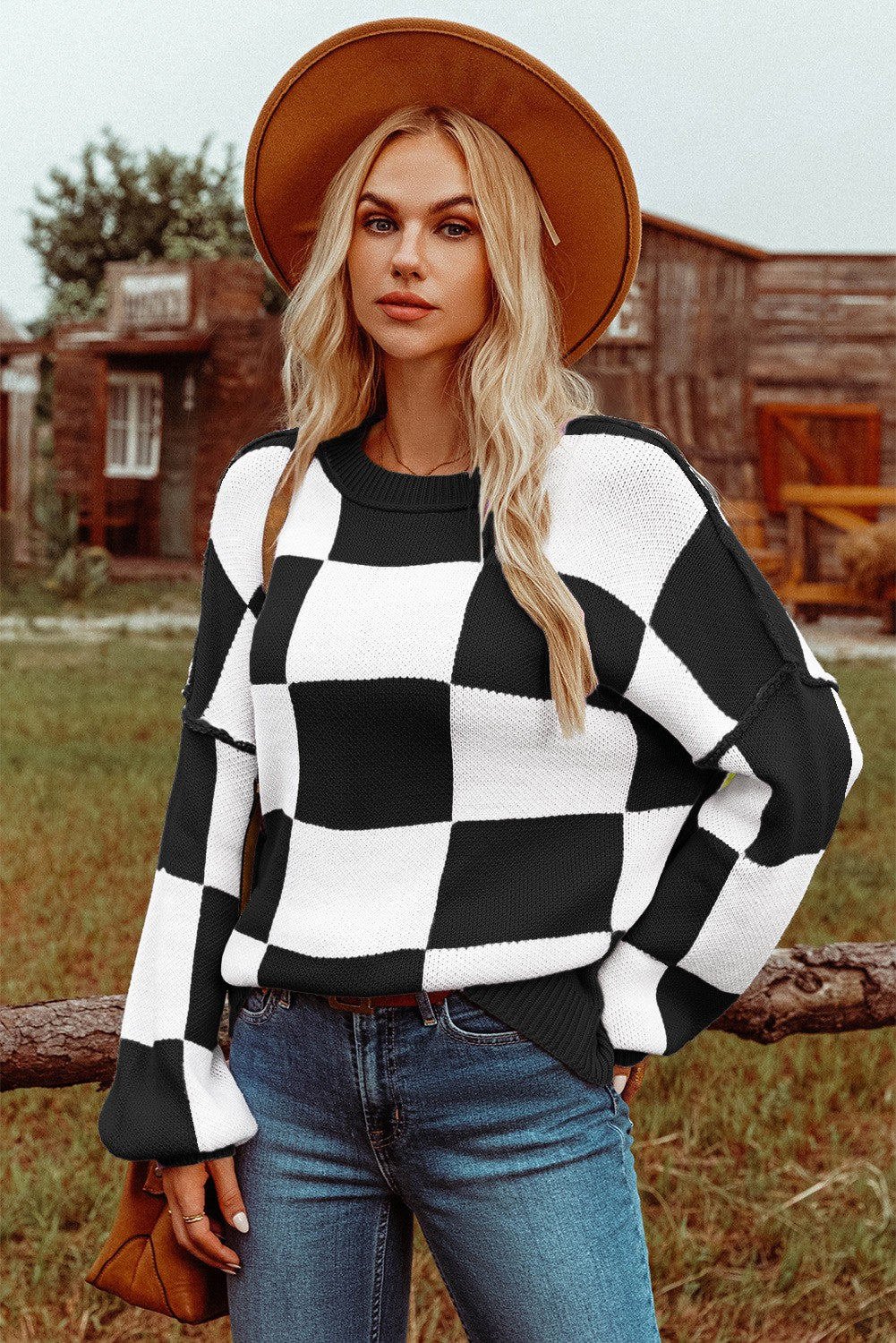 Checkered Bishop Sleeve Sweater