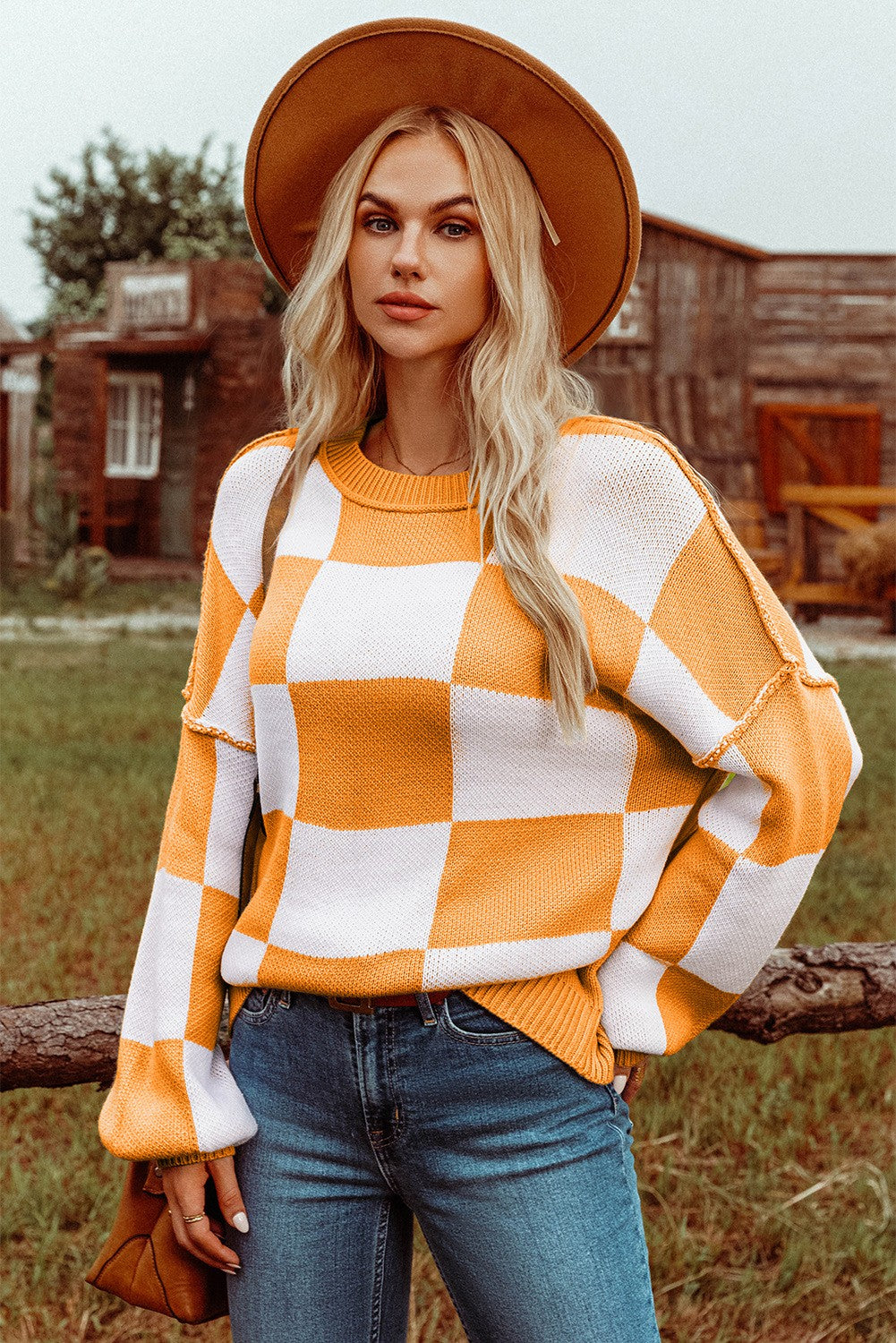 Checkered Bishop Sleeve Sweater