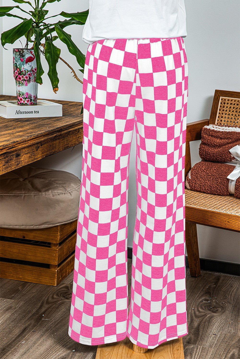 2-Tone Checked Print High Waist Wide Leg Pants