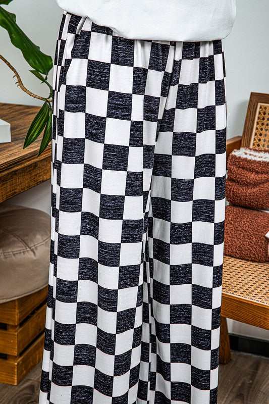 2-Tone Checked Print High Waist Wide Leg Pants