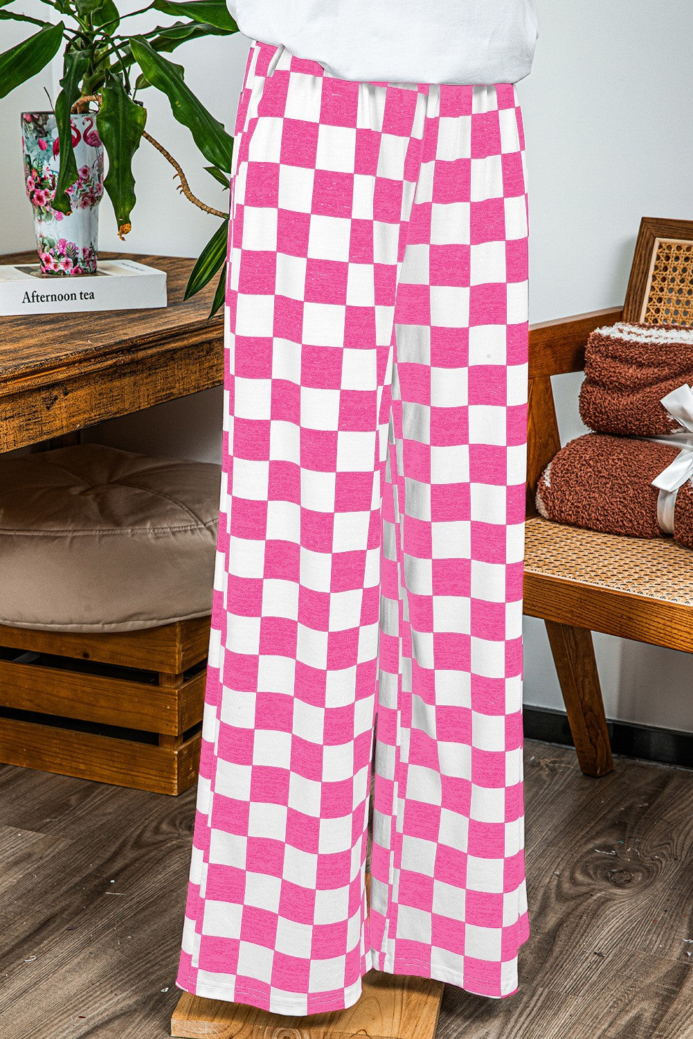 2-Tone Checked Print High Waist Wide Leg Pants