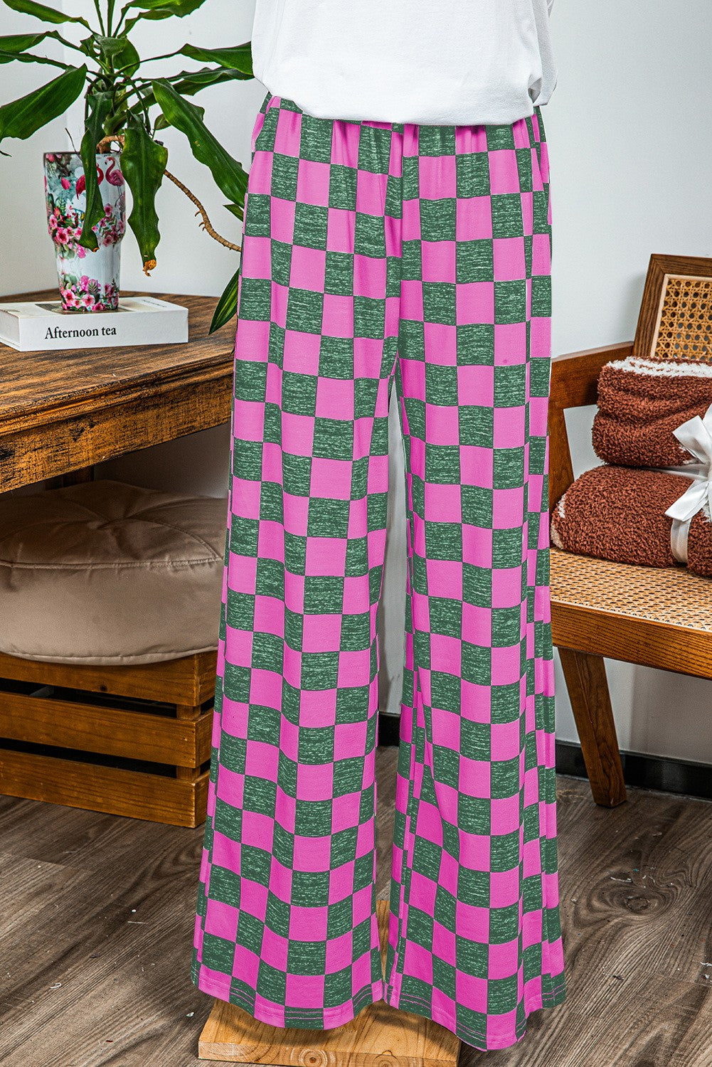 2-Tone Checked Print High Waist Wide Leg Pants