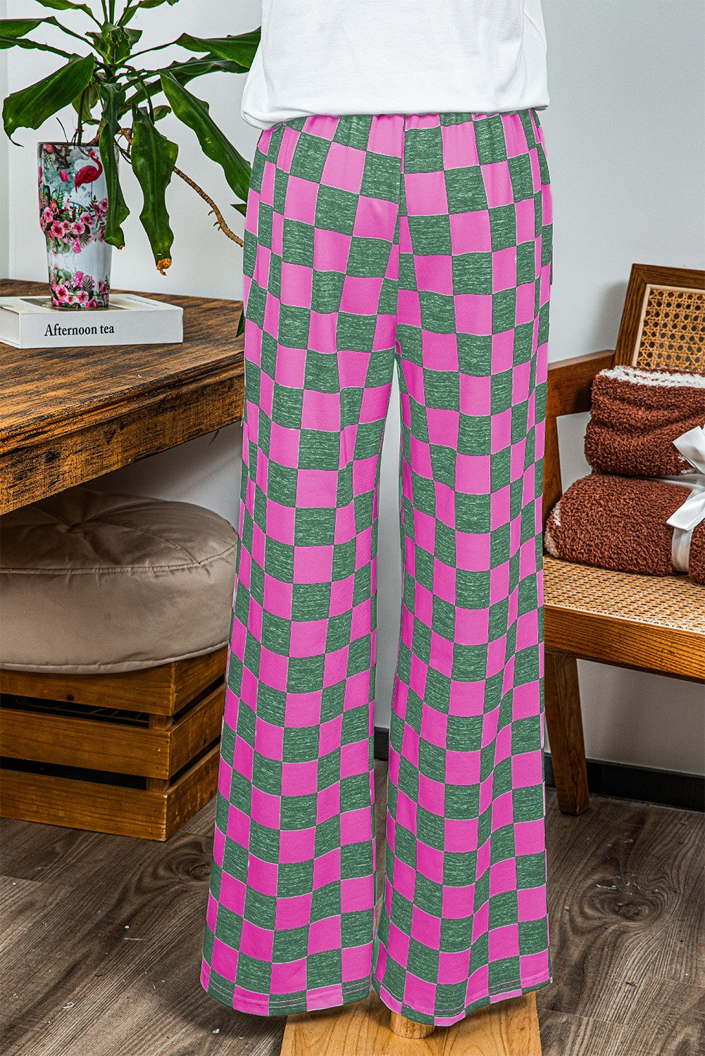 2-Tone Checked Print High Waist Wide Leg Pants