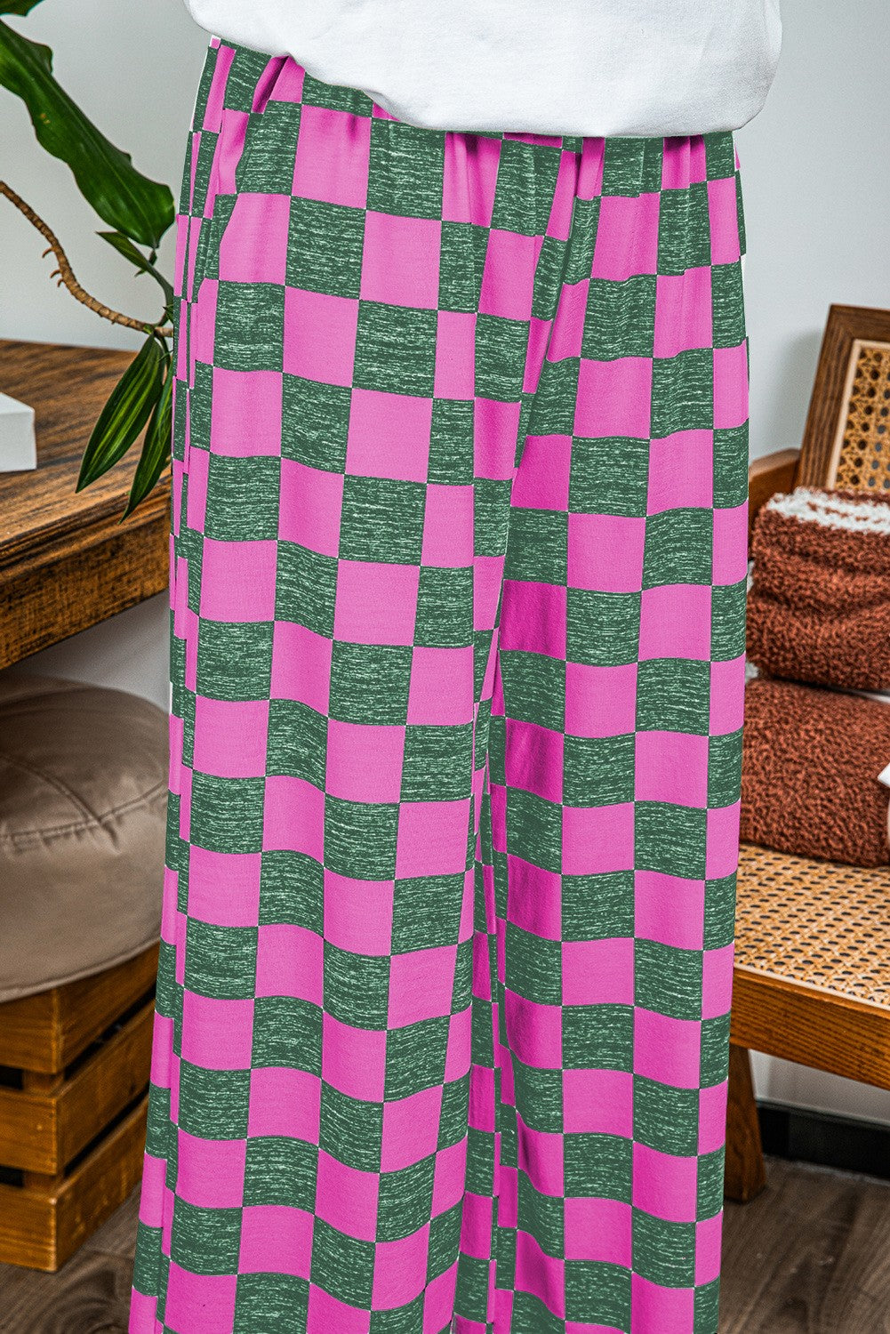 2-Tone Checked Print High Waist Wide Leg Pants