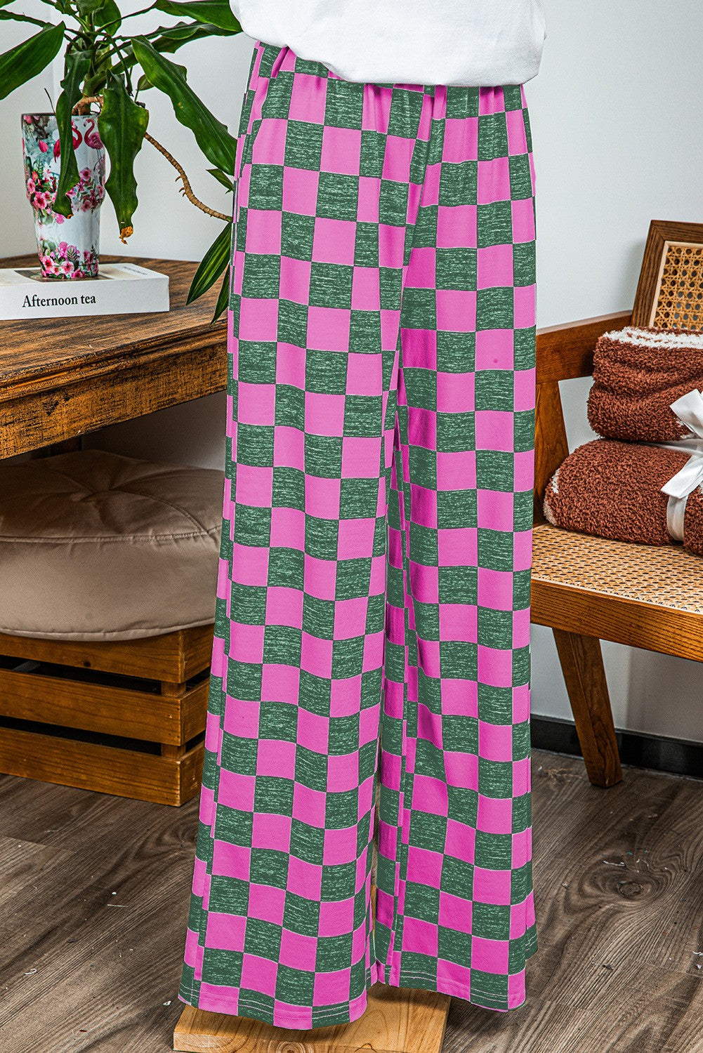 2-Tone Checked Print High Waist Wide Leg Pants