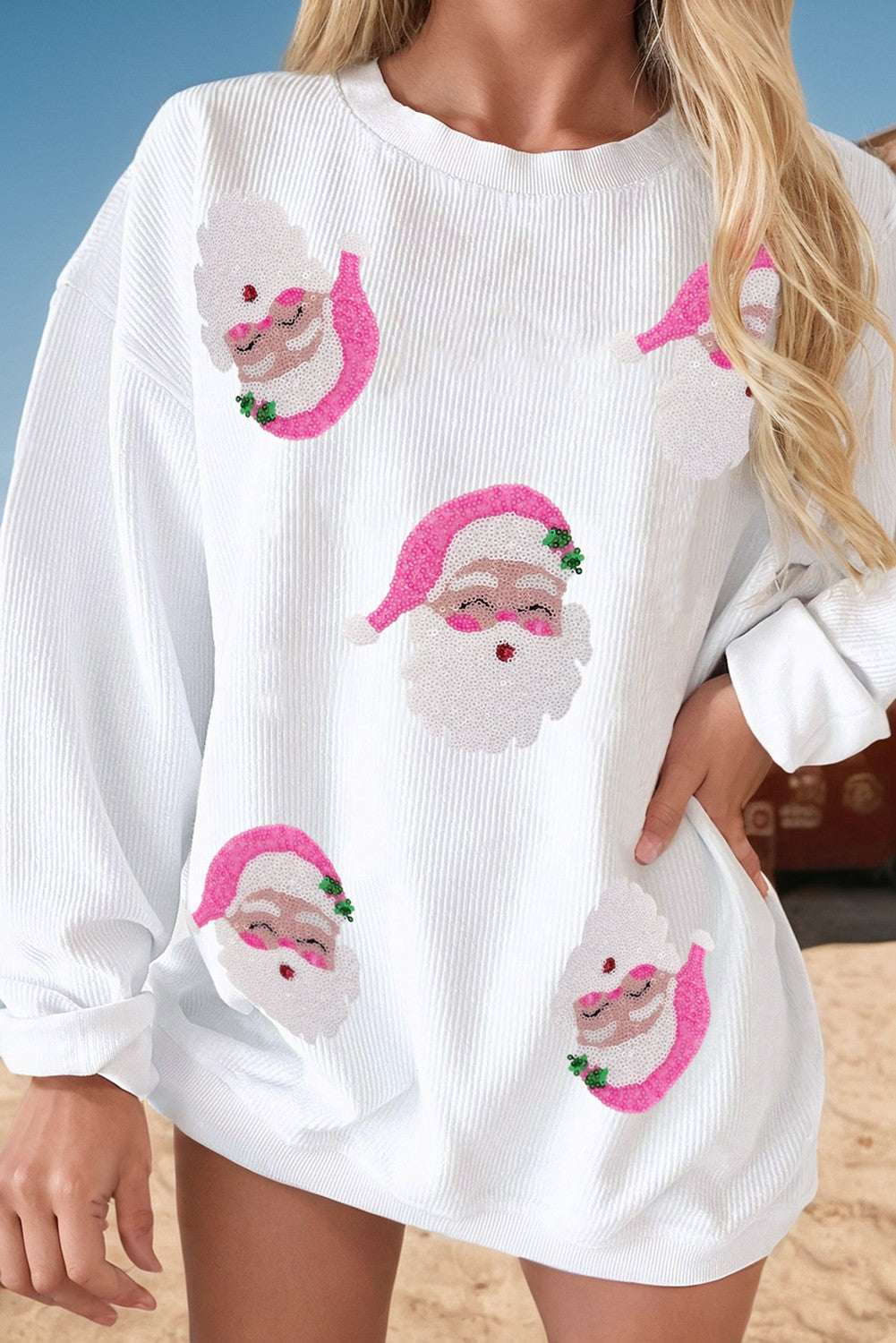 Ribbed Sequin Santa Graphic Christmas Sweatshirt