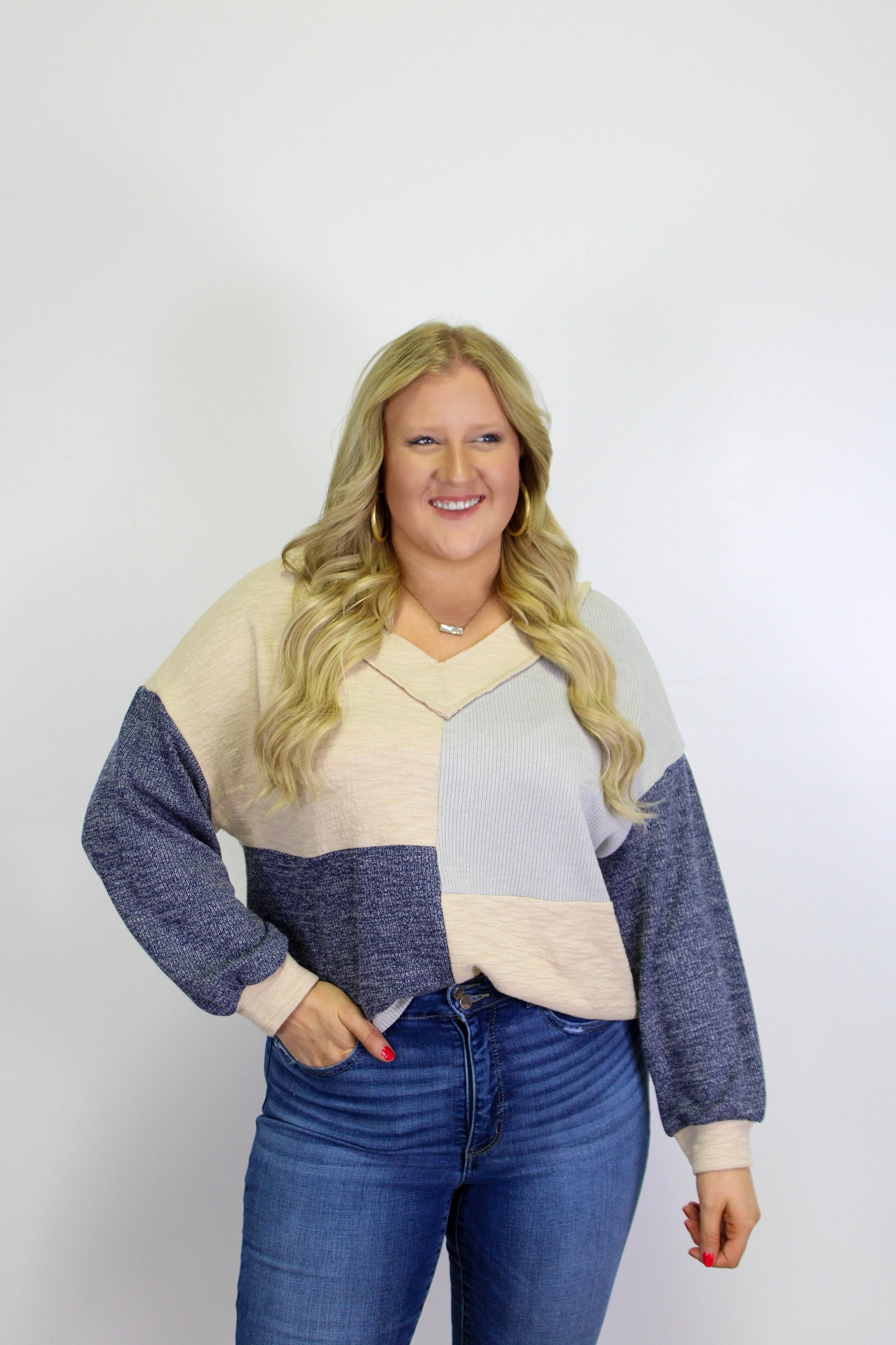 Blue Plus Size Patchwork Top LT