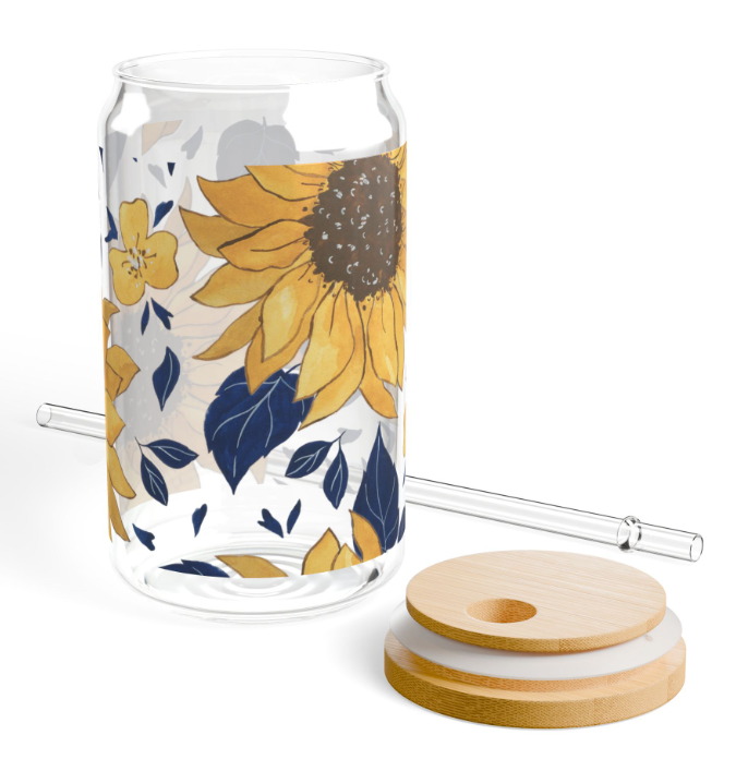 Navy Sunflower Glass Cup